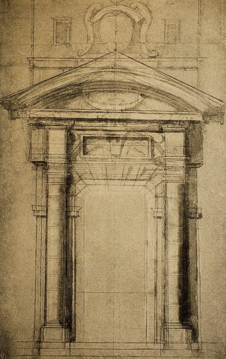 Arkitektonisk skitse af en dør med et våbenskjold på toppen; tegning af Michelangelo. Casa Buonarroti, Firenze af Michelangelo Buonarroti