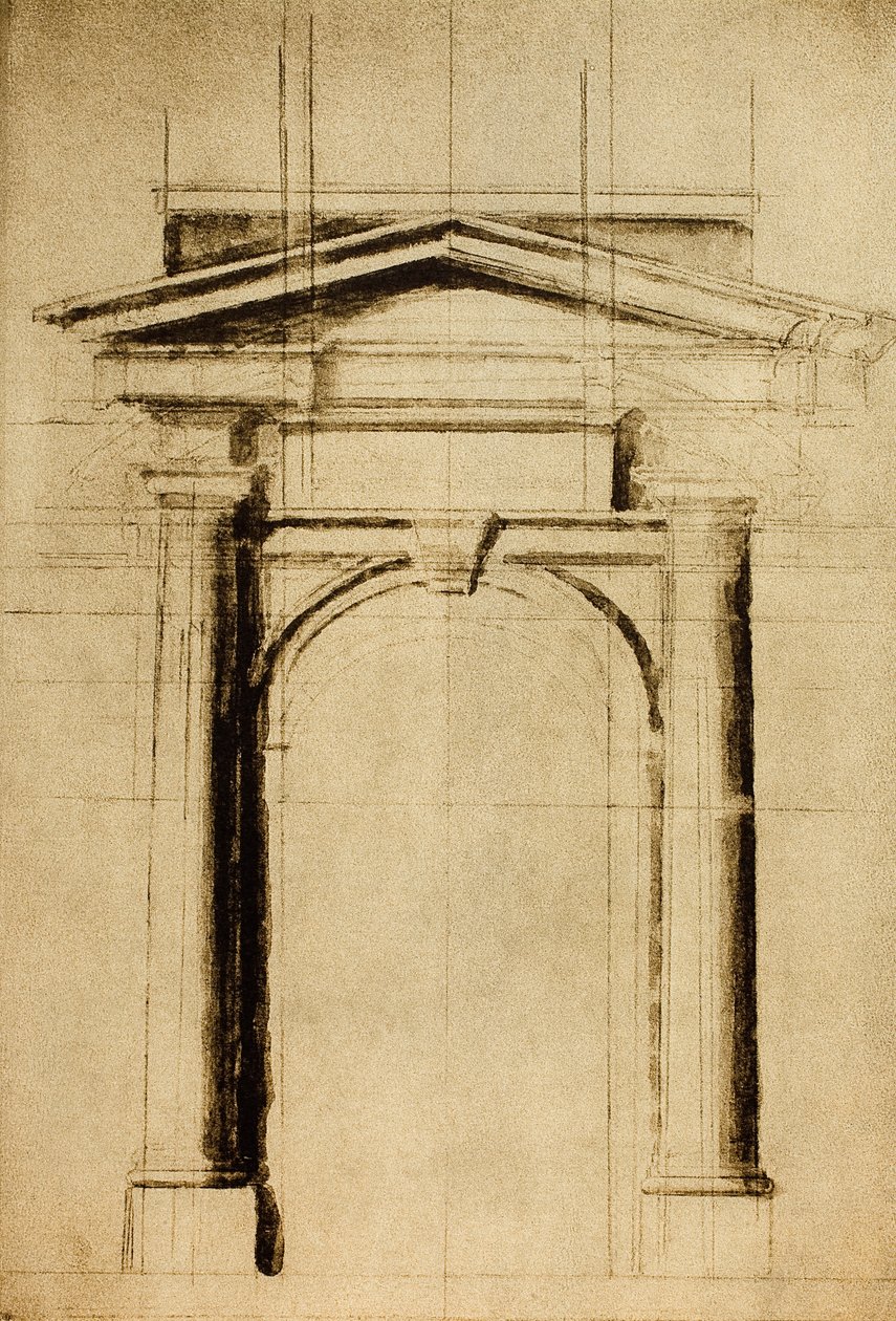 Arkitektonisk studie af en dør med trekantet tympanon; tegning af Michelangelo. Casa Buonarroti, Firenze af Michelangelo Buonarroti