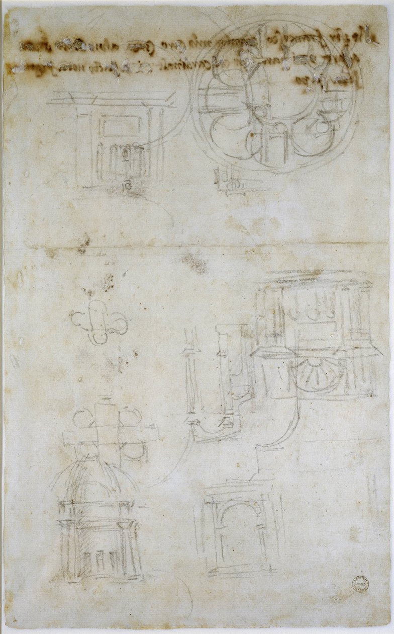 Arkitektoniske studier, ca.1560 (sort kridt på papir) af Michelangelo Buonarroti
