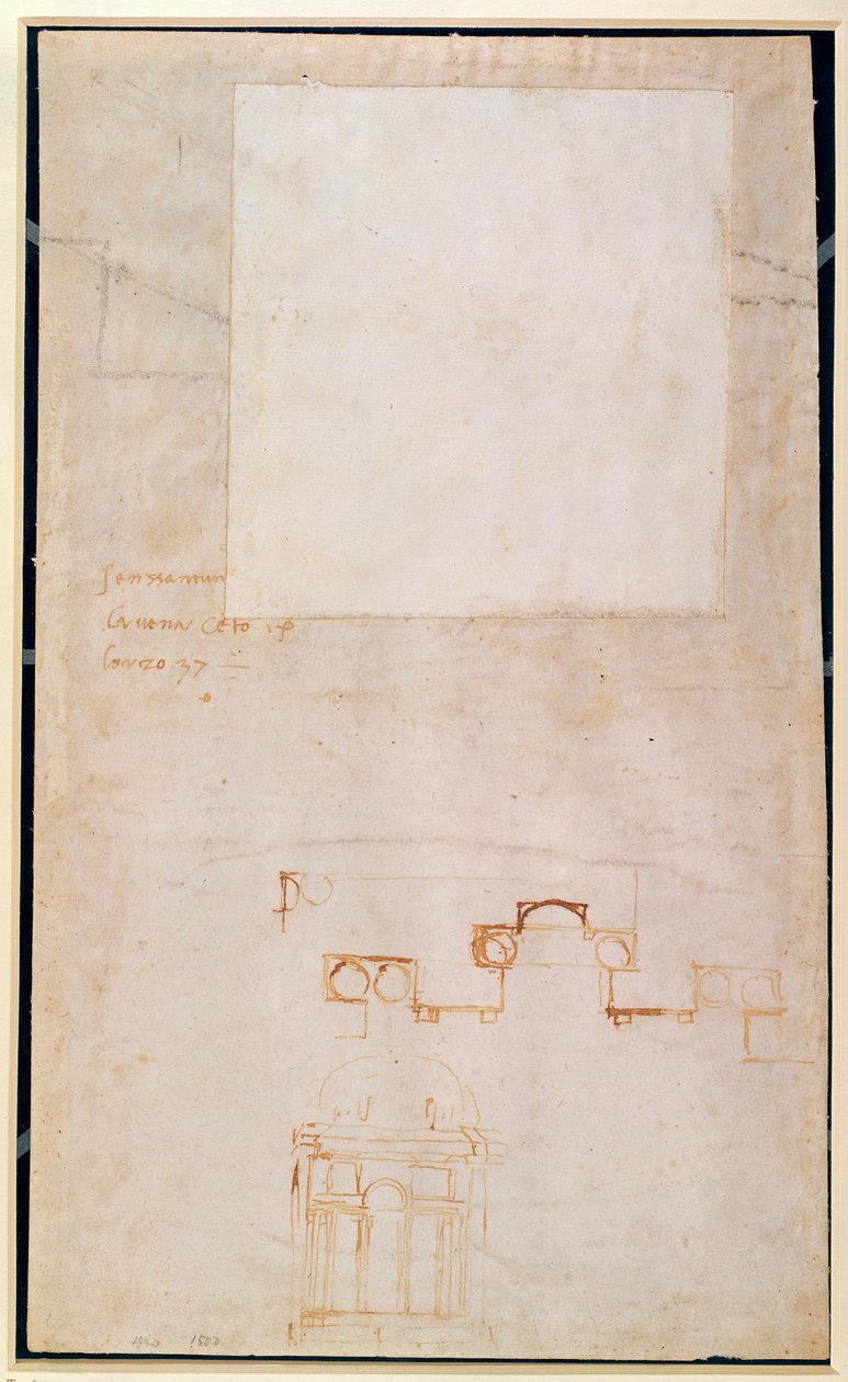 Arkitektonisk undersøgelse med noter (brun pen på papir) (recto) af Michelangelo Buonarroti