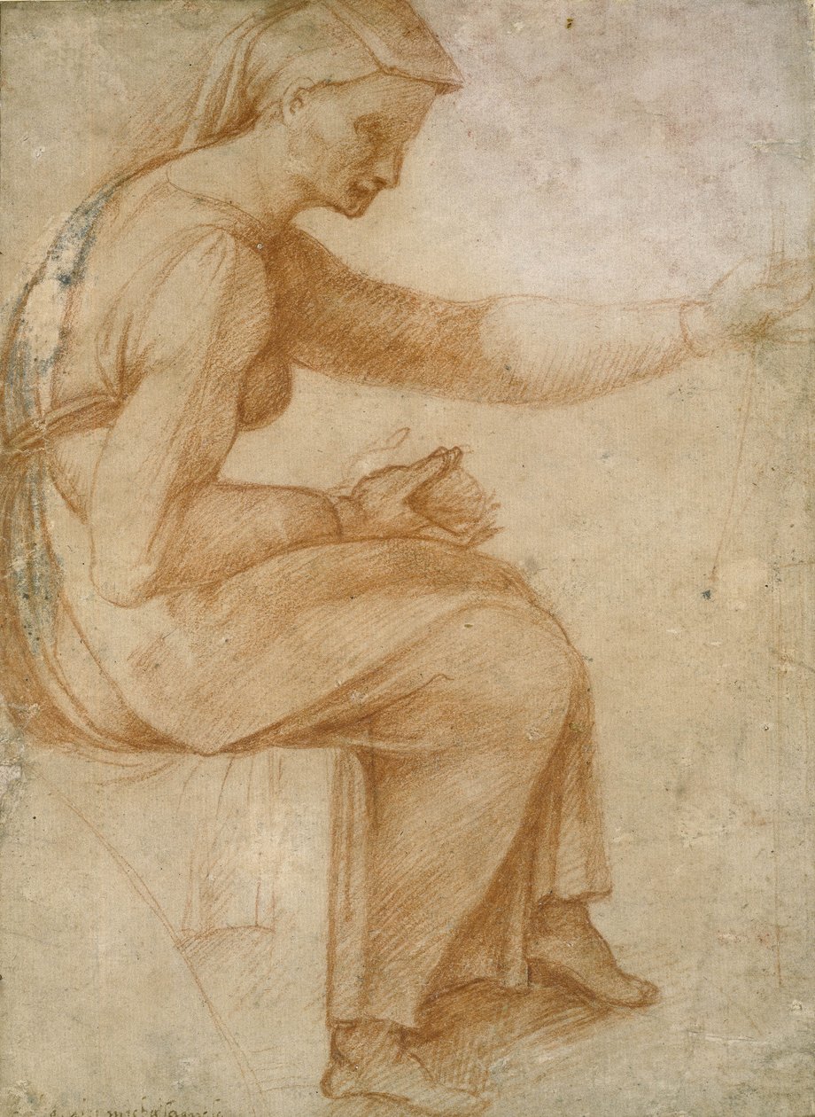Detalje fra det sixtinske loft (rødt kridt på blegt brunt papir) af Michelangelo Buonarroti
