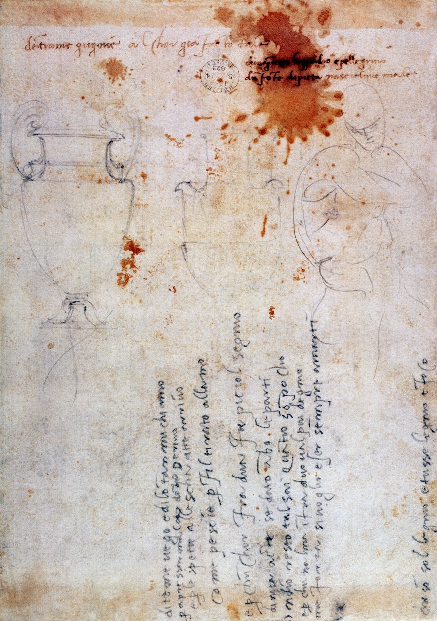 Tegning af en urne og figur med noter (brunt blæk og blyant på papir) (verso) af Michelangelo Buonarroti