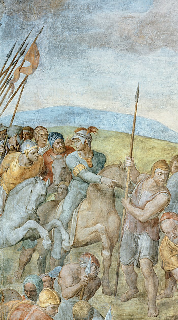 Gruppe af romerske soldater med deres leder peger mod Sankt Peter på korset, detalje af korsfæstelsen af Sankt Peter, 1546-50 freskodetalje af PHD 625 af Michelangelo Buonarroti