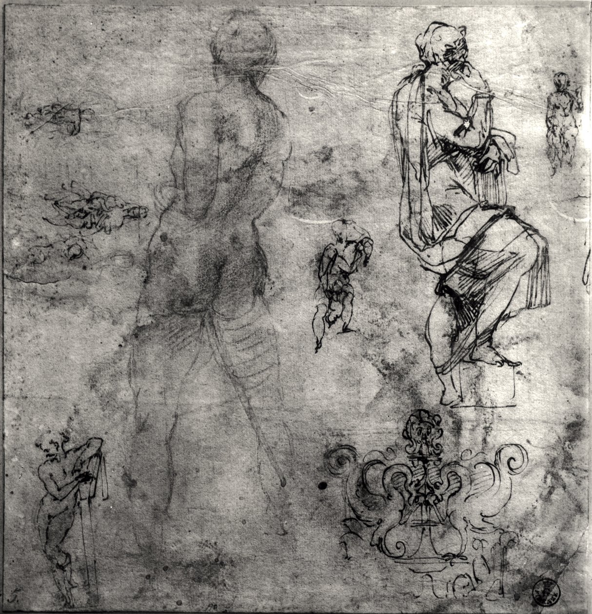 Menneskelige og arkitekturstudier (pen & blæk og blyant på papir) af Michelangelo Buonarroti