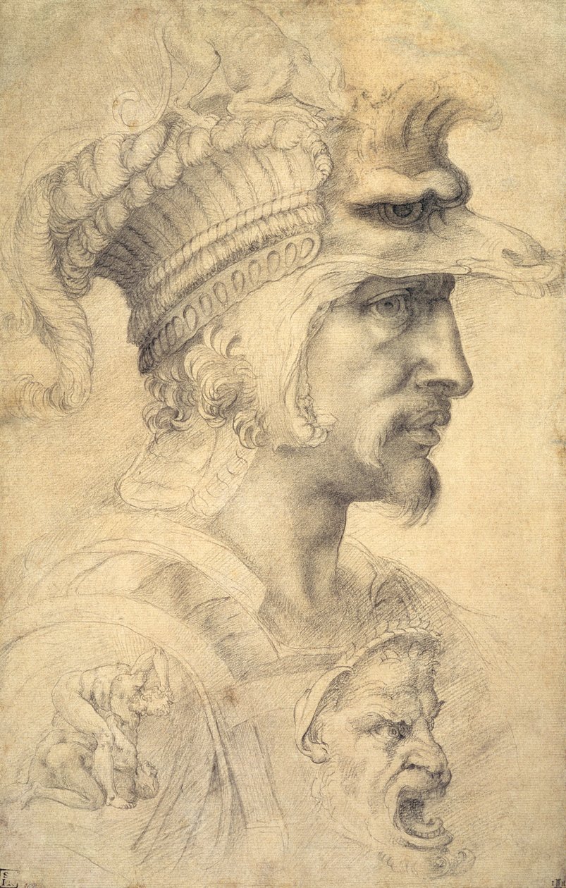 Ideelt hoved for en kriger (sort kridt på papir) af Michelangelo Buonarroti