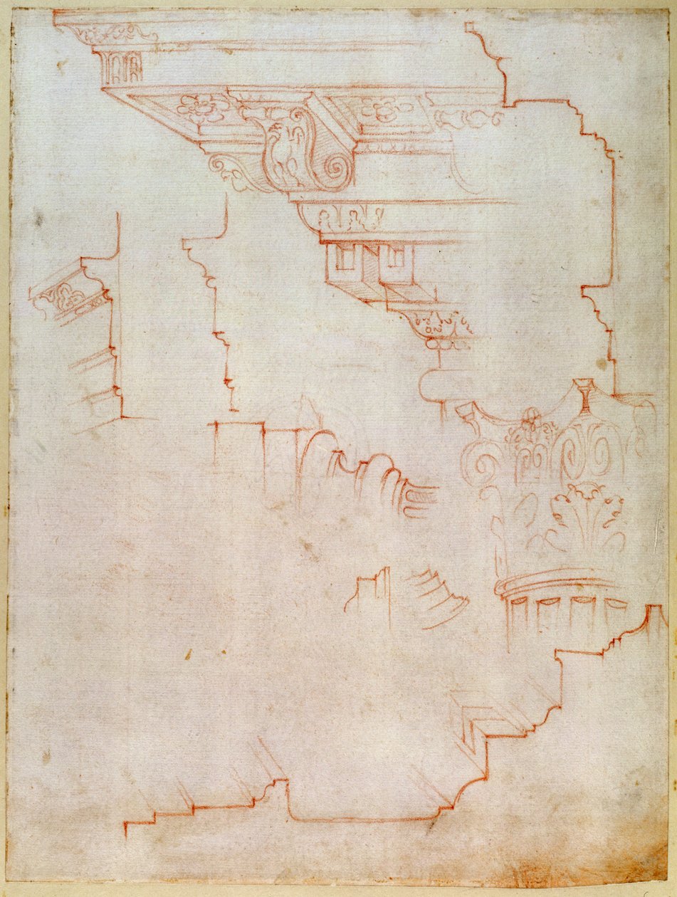 Inv. 1859 6-25-5602. R. (W.19) Tegning af arkitektoniske detaljer (rødt kridt) af Michelangelo Buonarroti