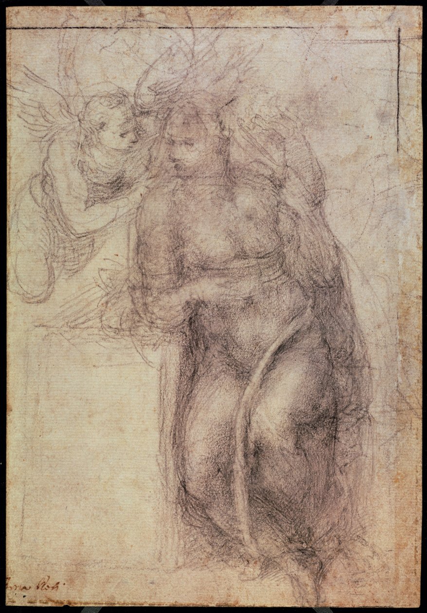Inv.1895-9-15-516.recto (w.72) Study for the Annunciation (sort kridt på papir), 1547 af Michelangelo Buonarroti