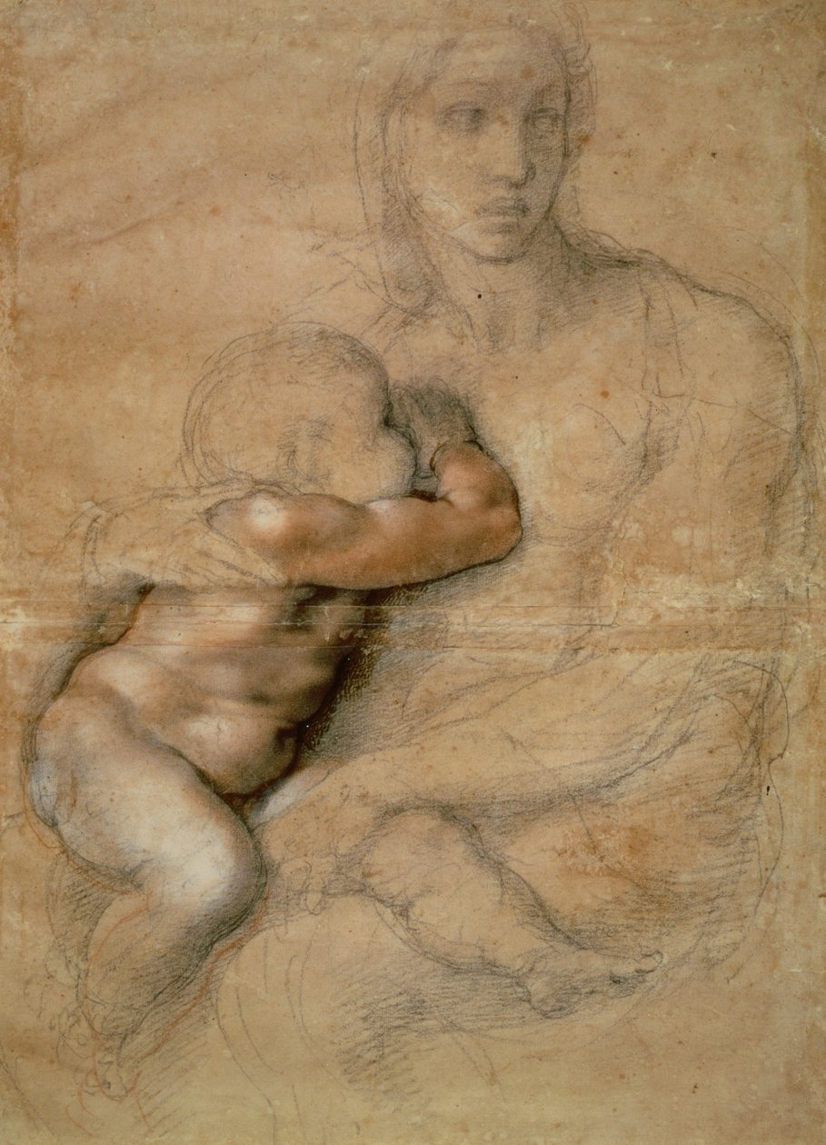 Madonna og barn, ca. 1525 (blyant og rødt kridt på papir) af Michelangelo Buonarroti