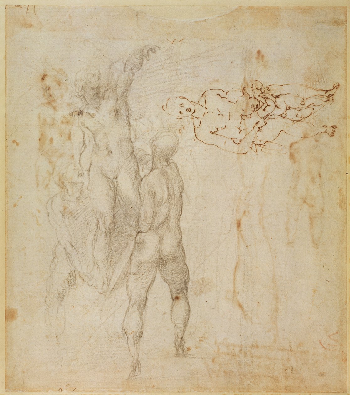 Mandsgruppe og siddende figur med barn (pen og blæk, kul) af Michelangelo Buonarroti