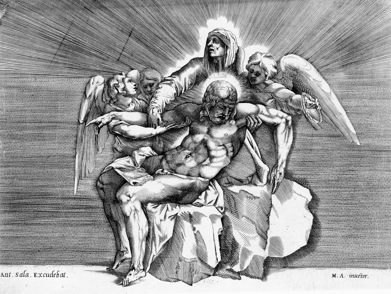 Pieta, graveret af Giulio Sanuto af Michelangelo Buonarroti