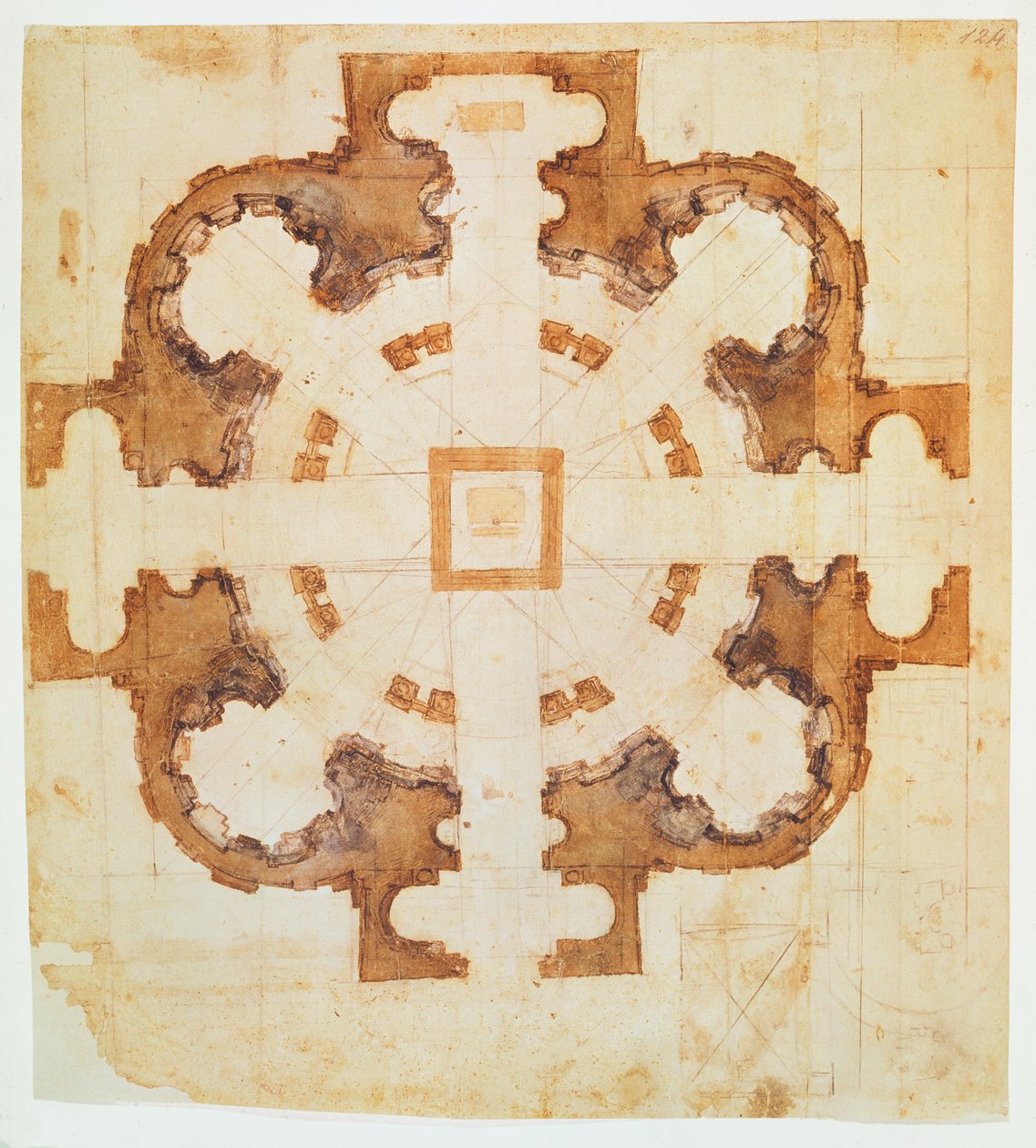 Plan for kirken San Giovanni dei Fiorentini, Rom, 1500-tallet, (blæk på papir) af Michelangelo Buonarroti