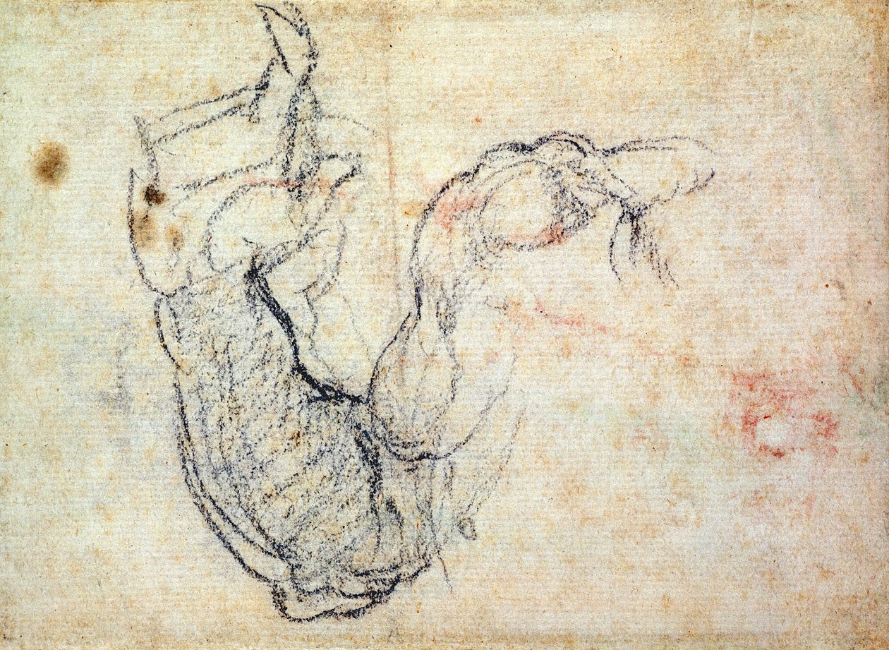 Forberedende undersøgelse til Kristi arm i den sidste dom, 1535-41 (sort kridt på papir) (recto) af Michelangelo Buonarroti