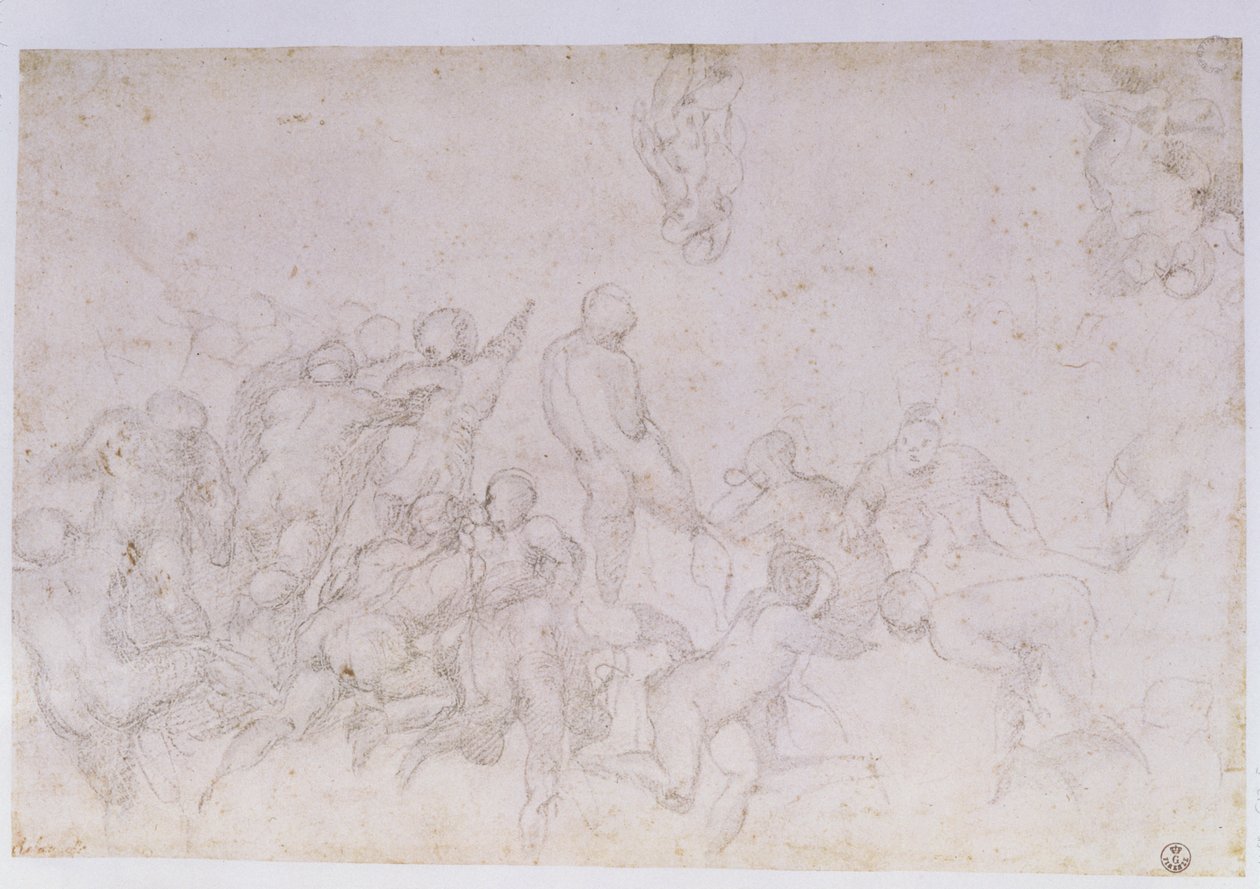 Forberedende skitse til "Slaget ved Cascina" og to yderligere skitser (kul på papir) (se også 18057 og 49880) af Michelangelo Buonarroti
