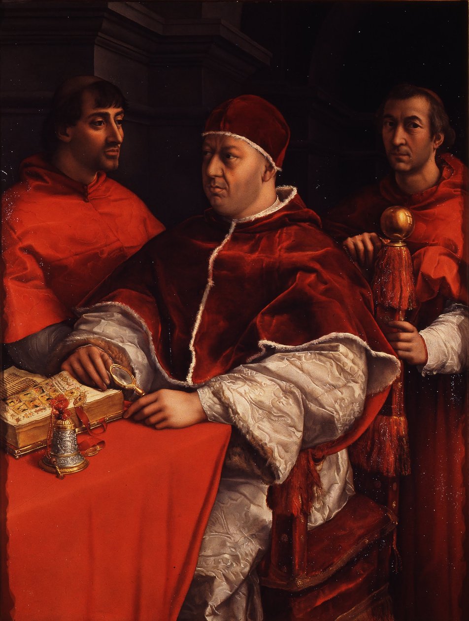Portræt af Leo X med kardinaler Giulio de Medici og Luigi de Rossi af Michelangelo Buonarroti