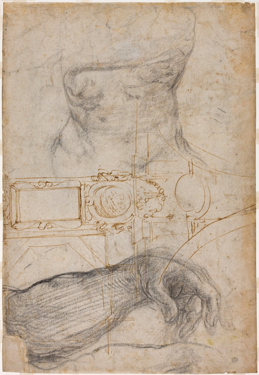 Skema til udsmykning af loftet i Det Sixtinske Kapel, ca. 1508 (pen & brunt blæk og sort kridt på cremefarvet papir) af Michelangelo Buonarroti