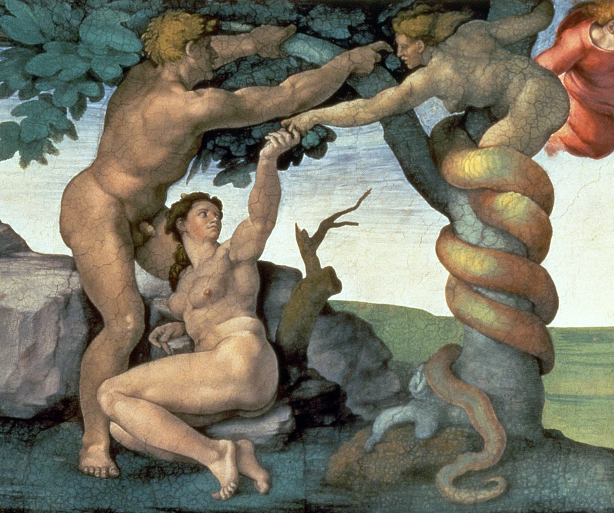 Det Sixtinske Kapel Loft (1508-12): The Fall of Man, 1510 (efter restaurering) (detaljer fra 167699) af Michelangelo Buonarroti