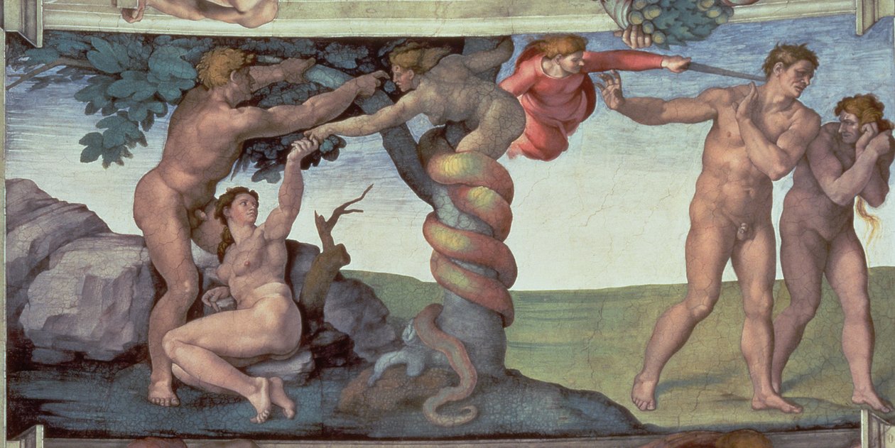Det sixtinske kapel loft (1508-12): The Fall of Man, 1510 (efter restaurering) af Michelangelo Buonarroti