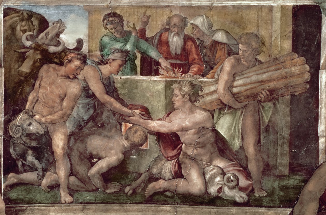 Det Sixtinske Kapel Loft (1508-12): The Sacrifice of Noah (før restaurering) (se også 57568 og 167695) af Michelangelo Buonarroti