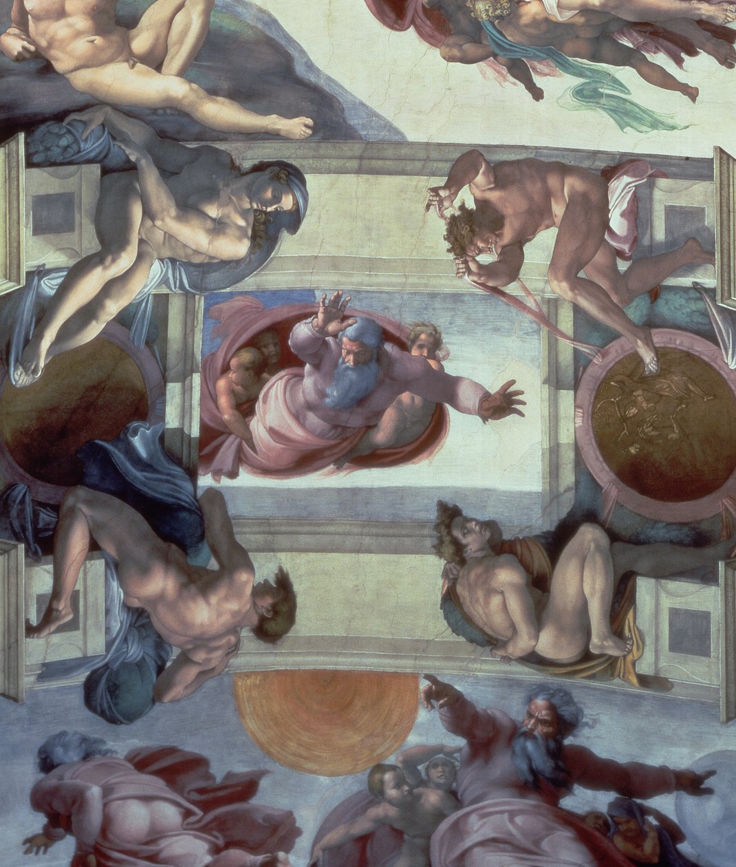 Loft i det Sixtinske Kapel (1508-12): Vandets adskillelse fra jorden, 1511-12 (efter restaurering) af Michelangelo Buonarroti