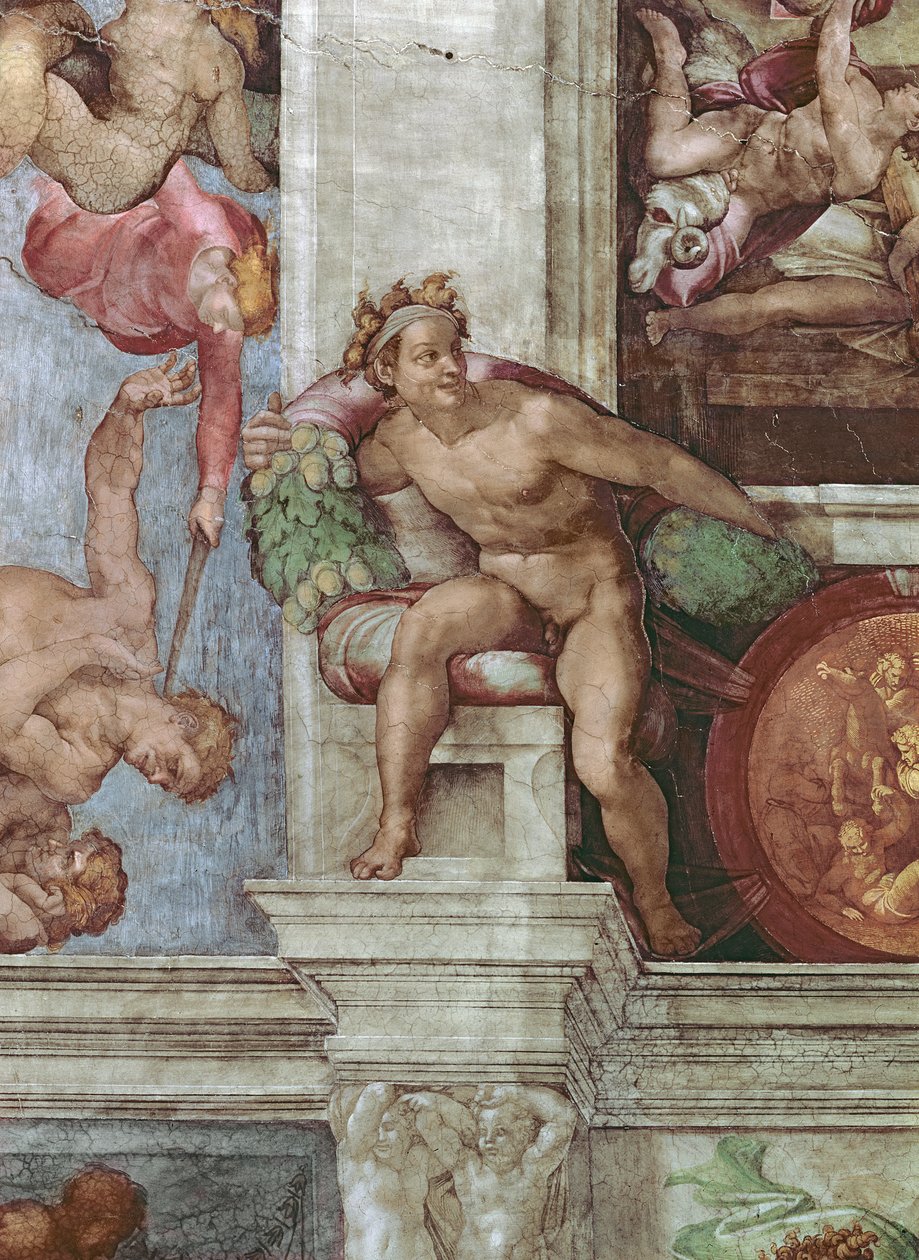 Det Sixtinske Kapel Loft 1508-12: Uddrivelse af Adam og Eva fra Edens Have fresco før restaureringsdetaljer fra 571: Ignudo af Michelangelo Buonarroti