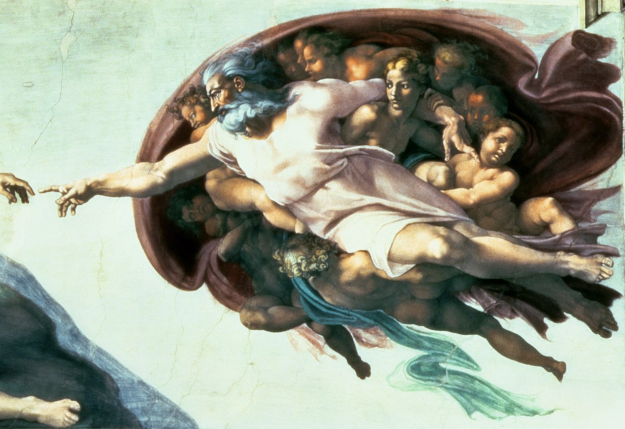 Det Sixtinske Kapel Loft: Skabelsen af Adam, 1510 (efter restaurering) (detalje af 77430) af Michelangelo Buonarroti