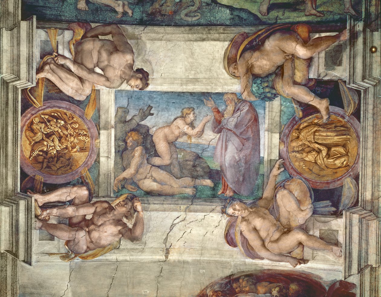 Det sixtinske kapel loft: Skabelsen af Eva, med fire Ignudi, 1510 (for-restaurering) af Michelangelo Buonarroti