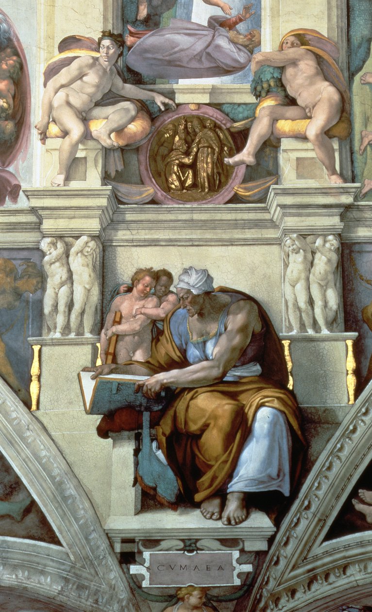 Det Sixtinske Kapel Loft: Cumaean Sibyl, 1510 fresco post restauration detalje af 76588 af Michelangelo Buonarroti