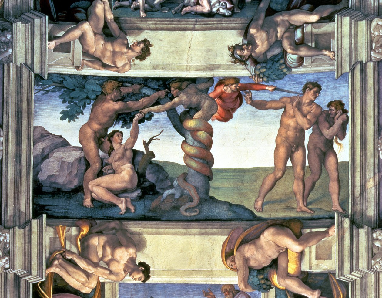 Det sixtinske kapel loft: Menneskets fald og fordrivelsen fra Edens have, med fire Ignudi, 1510 (efter restaurering) af Michelangelo Buonarroti