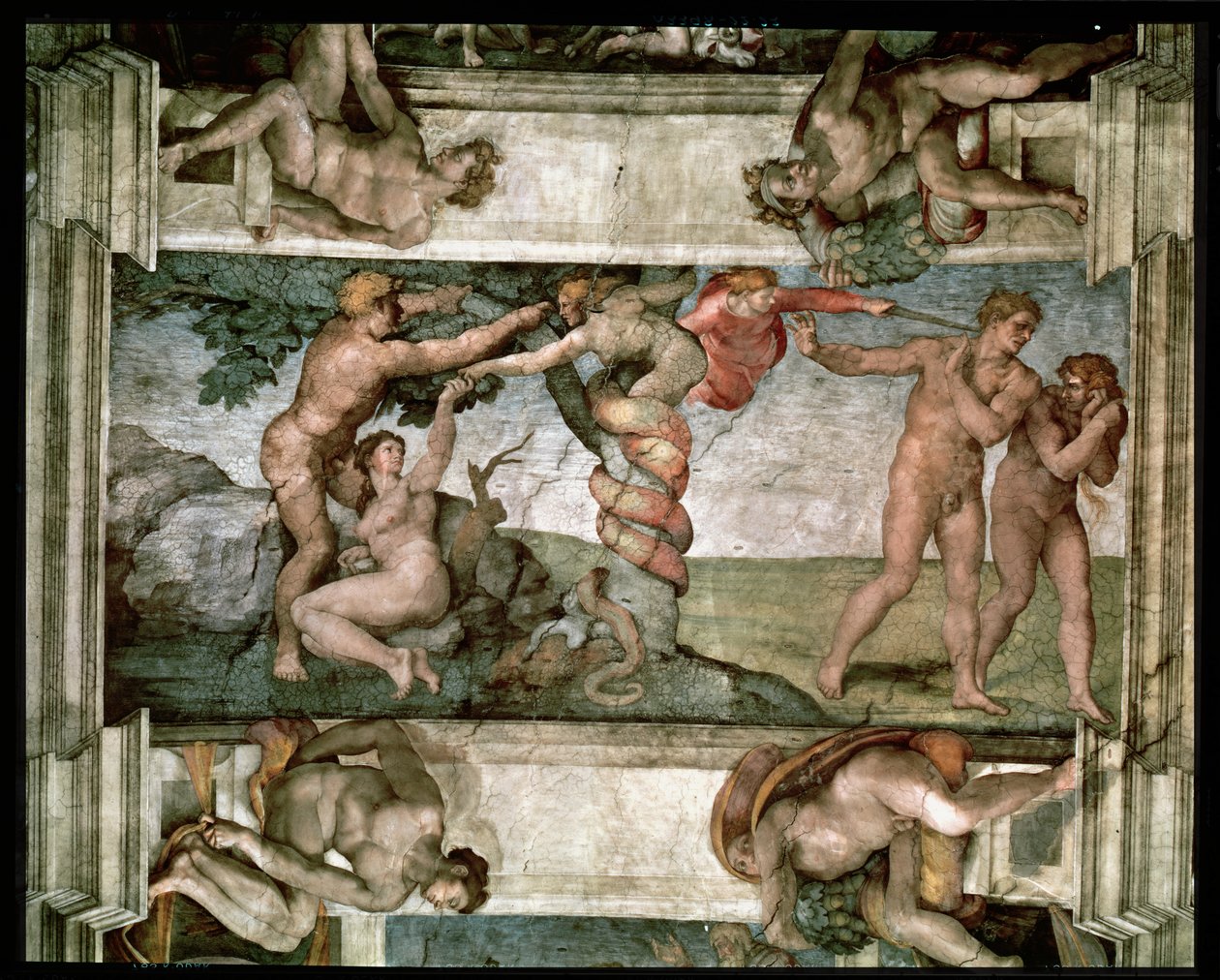 Det sixtinske kapel loft: Menneskets fald og uddrivelsen fra Edens have, med fire Ignudi, 1510 (for-restaurering) af Michelangelo Buonarroti