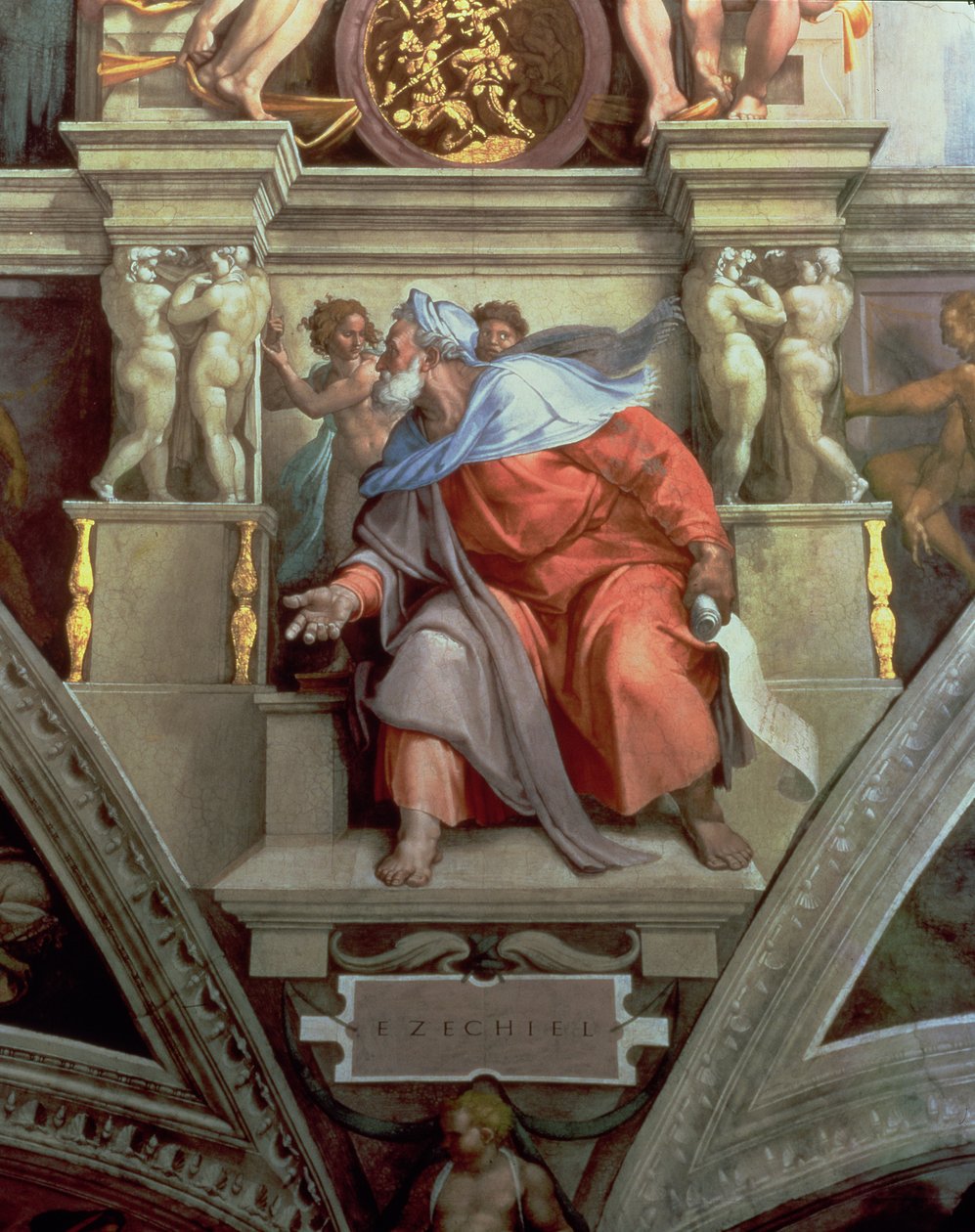 Det sixtinske kapel loft: Profeten Ezekiel, 1510 (efter restaurering) af Michelangelo Buonarroti