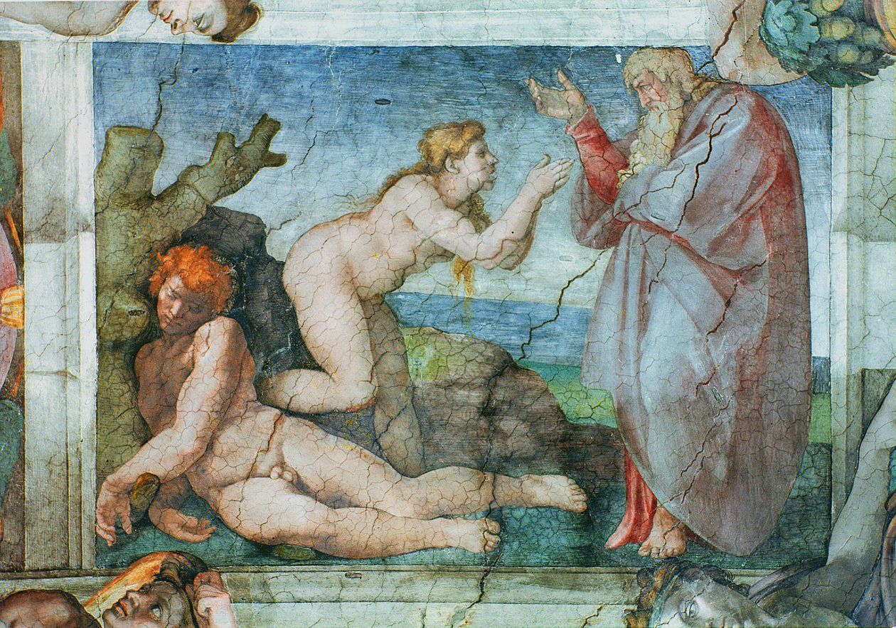Det Sixtinske Kapel loft: Skabelsen af eve, med fire Ignudi, 1511 (før restaurering) af Michelangelo Buonarroti