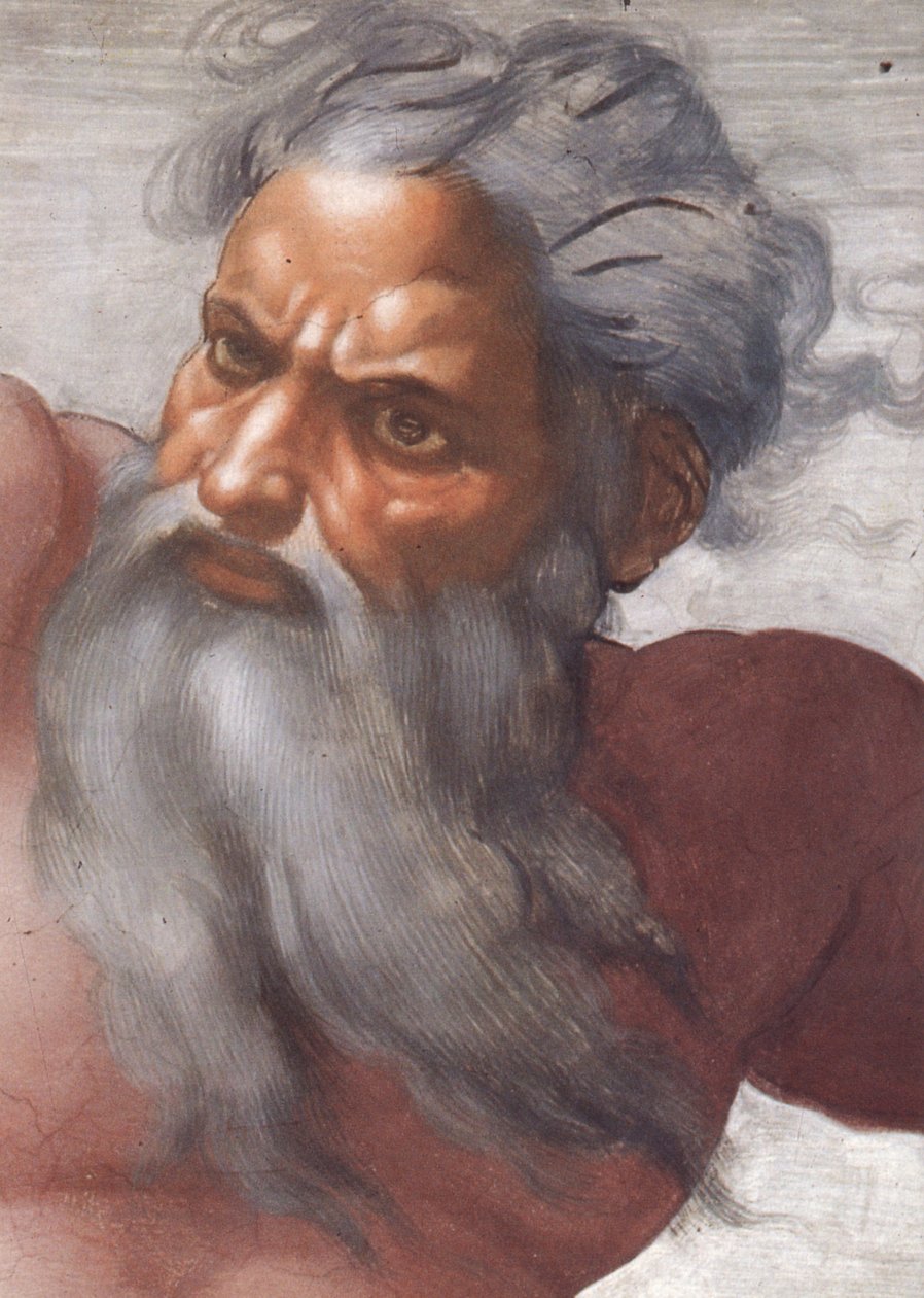 Det sixtinske kapel loft: Skabelsen af solen og månen, 1508-12, detalje af Guds ansigt af Michelangelo Buonarroti