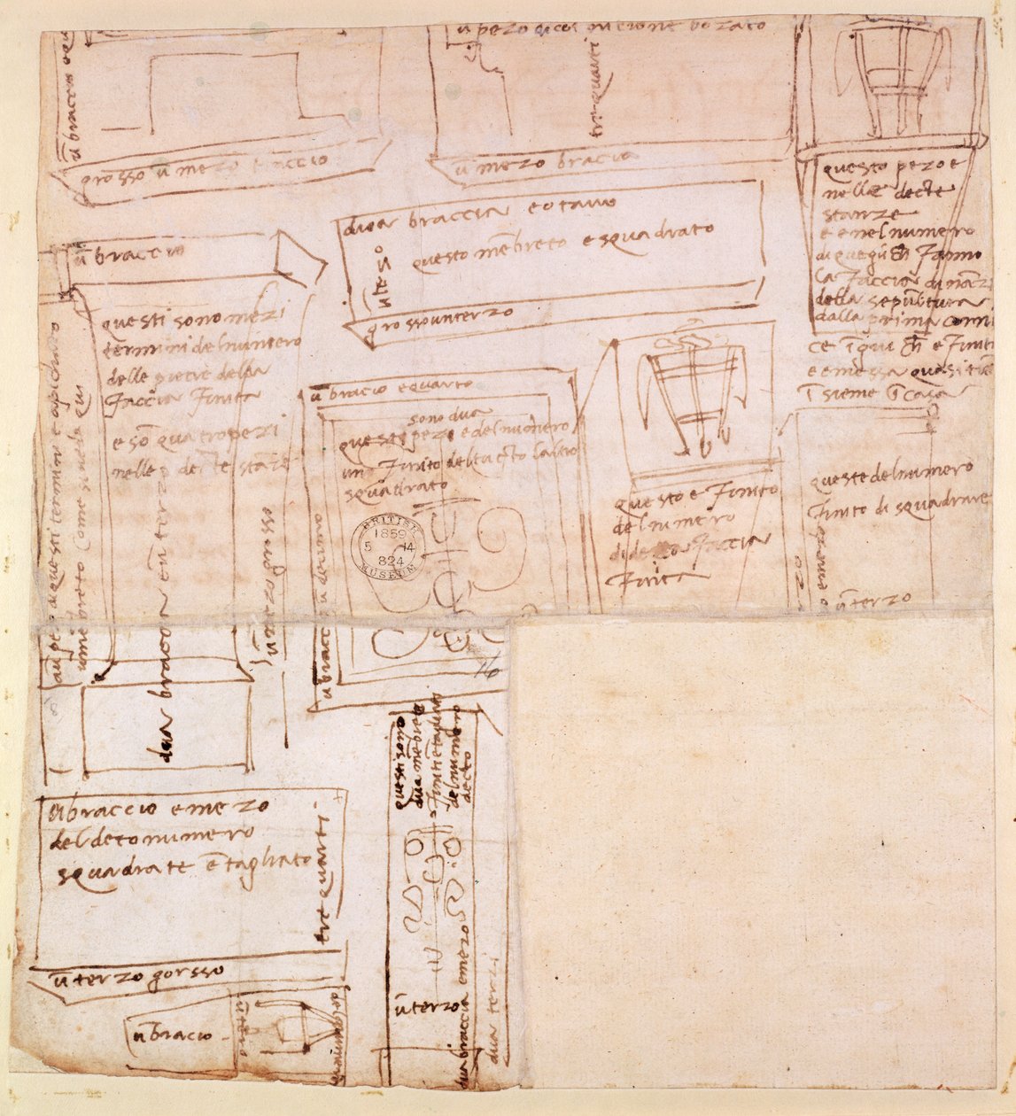 Skitse af marmorblokke til statuer med noter (brunt blæk på papir) (verso) af Michelangelo Buonarroti