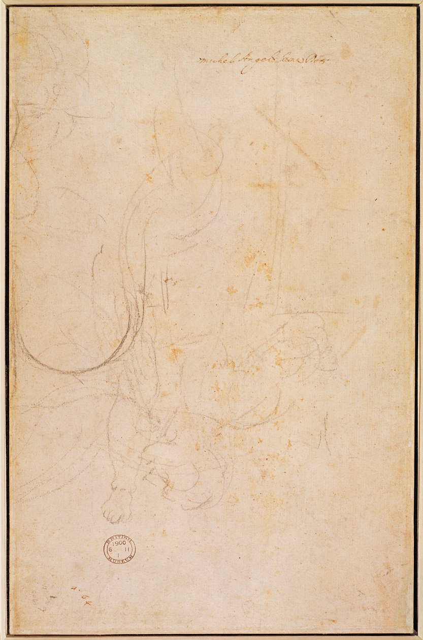 Skitse af en figur med kunstnerens signatur (kul på papir) (verso) af Michelangelo Buonarroti