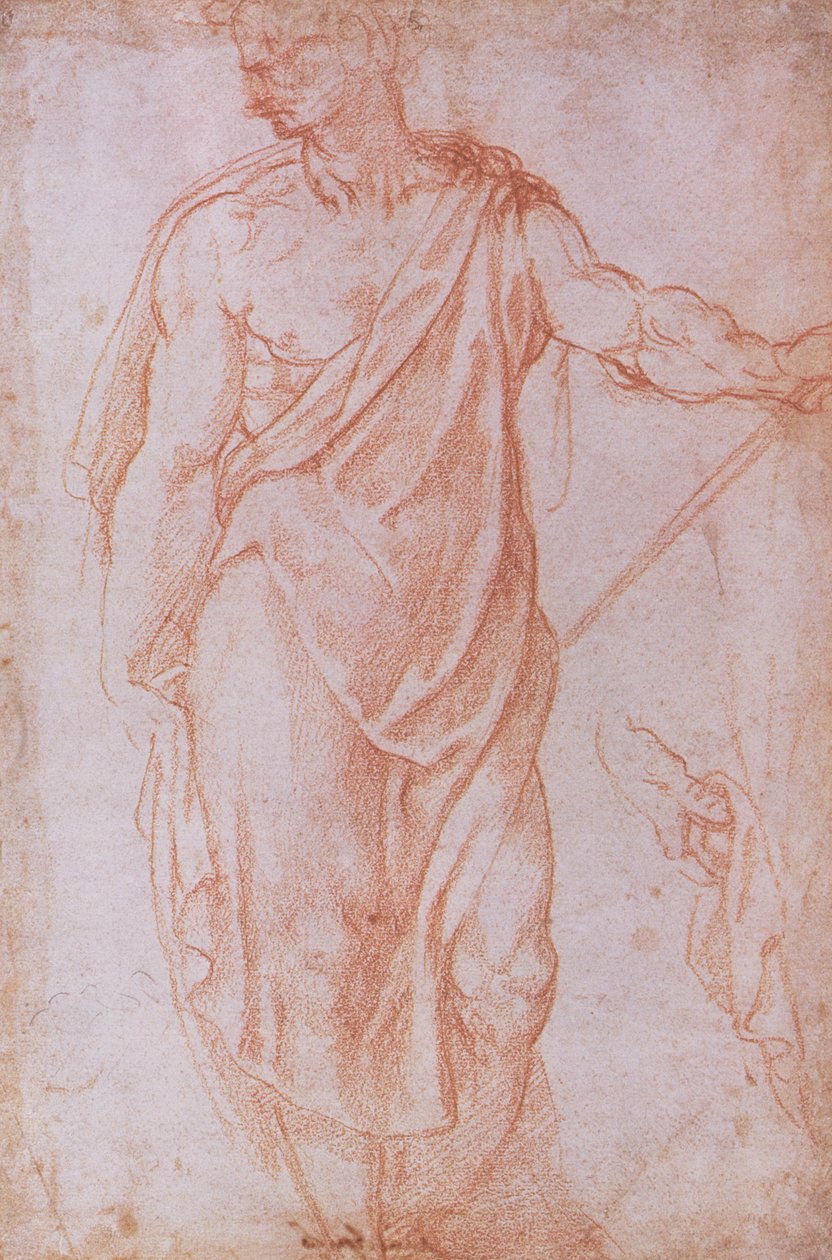 Skitse af en mand, der holder en stav og et studie af en hånd (rødt kridt på papir) af Michelangelo Buonarroti