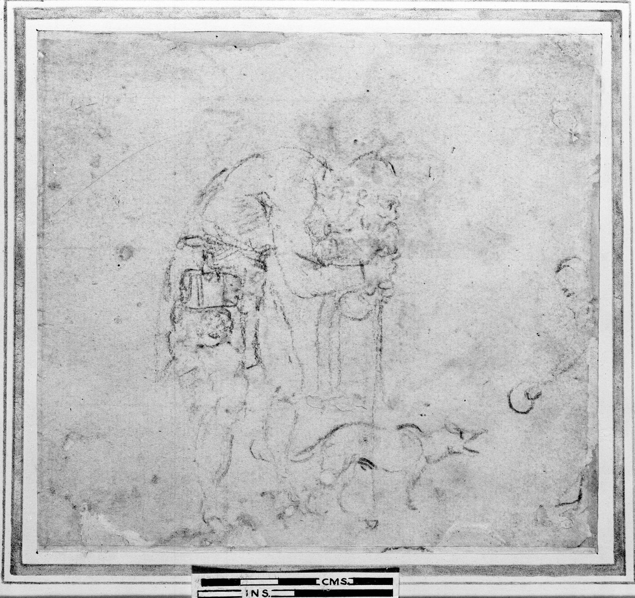 Skitse med en figur og en hund (kul på papir) af Michelangelo Buonarroti
