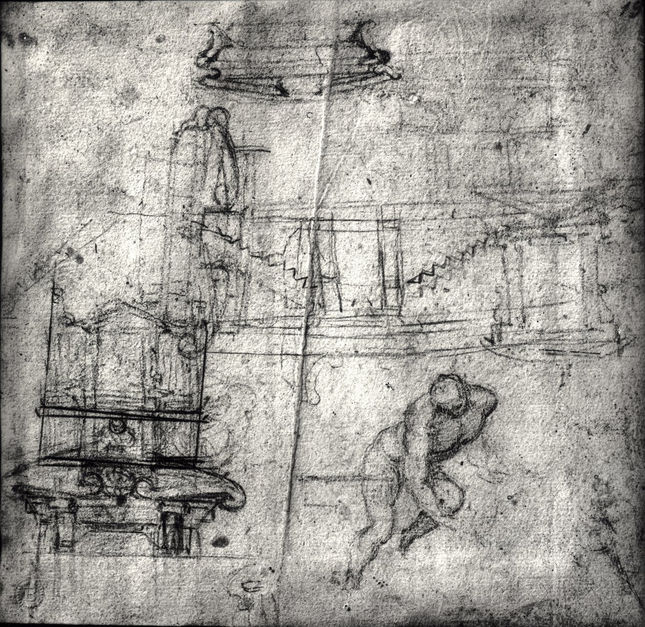Skitse med arkitekturstudier og en mandlig nøgen af Michelangelo Buonarroti