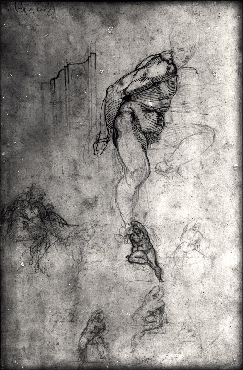 Studier til figurer i det sixtinske loft (pen & blæk og blyant på papir) af Michelangelo Buonarroti