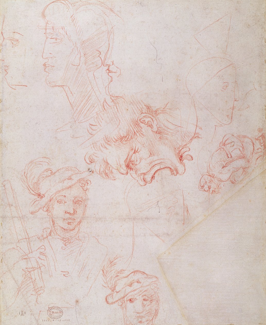 Studier af hoveder, 1508-12d (rødt kridt på papir) (verso) af Michelangelo Buonarroti