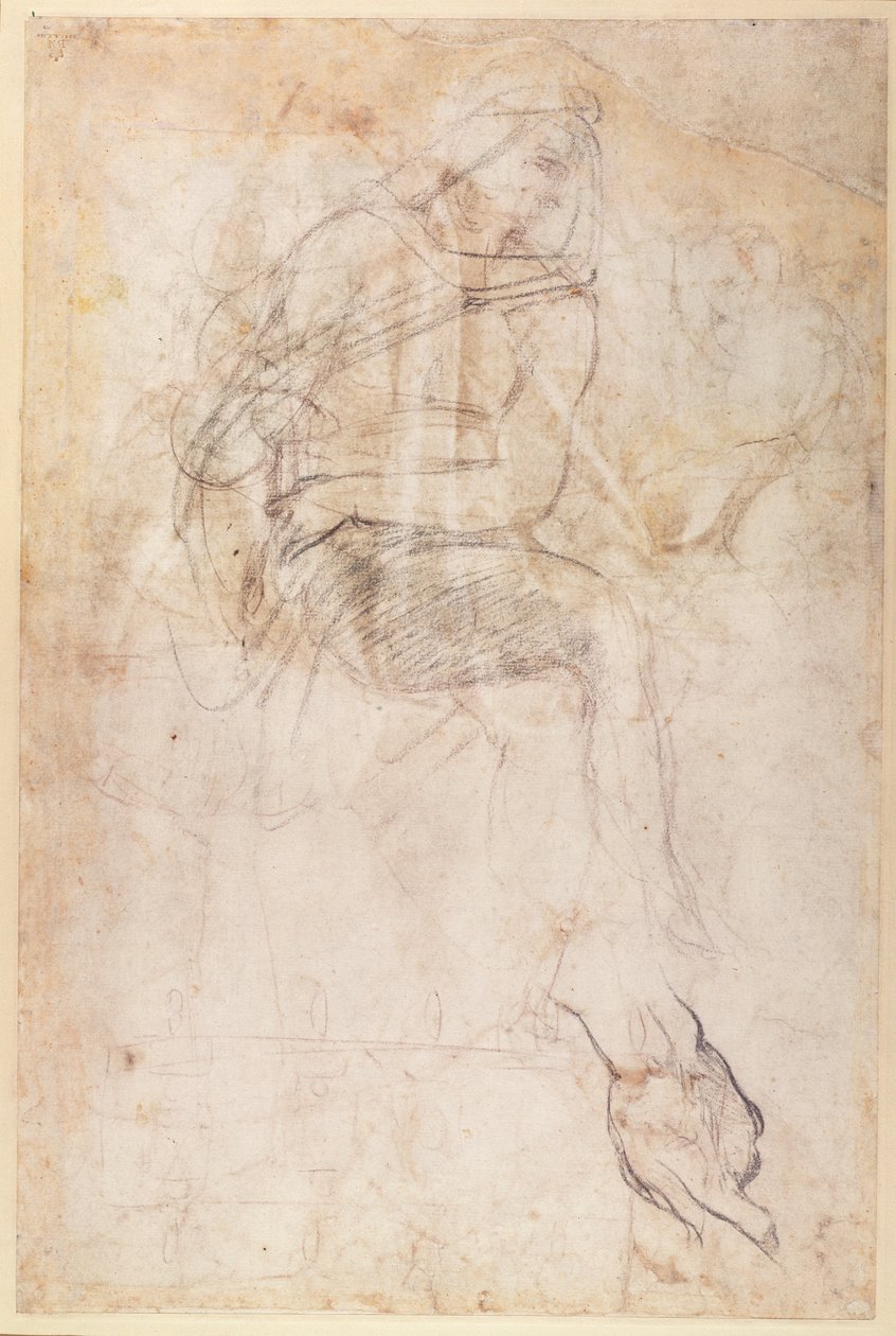 Studie for Ignudi over den persiske sibyll i Det Sixtinske Kapel, 1508-12 (kul på papir) (verso) af Michelangelo Buonarroti