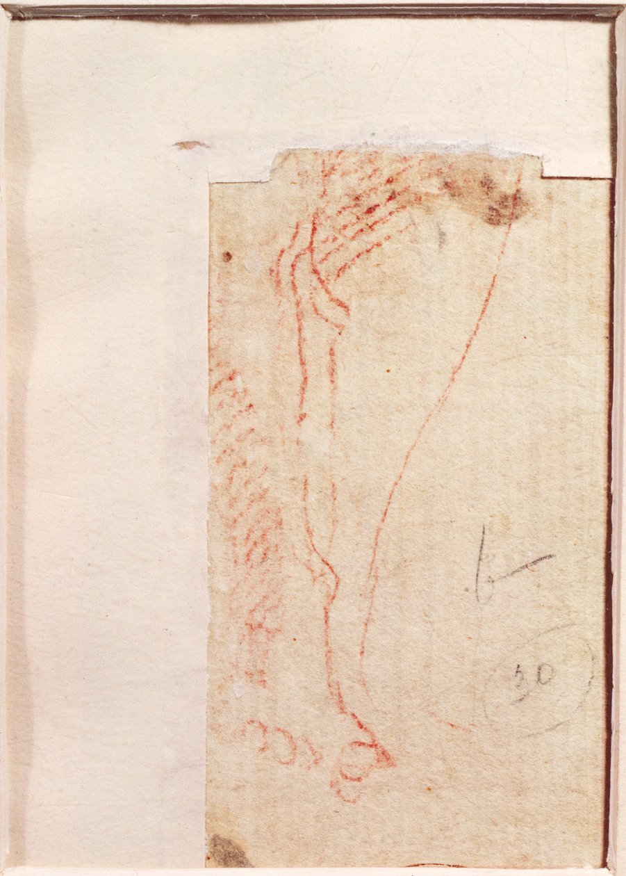 Studie af Kristi fødder naglet til korset (rødt kridt på papir) (verso) af Michelangelo Buonarroti