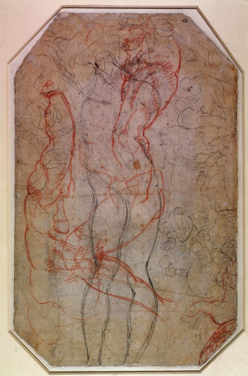 Studie af figurer og Adams skabelse (blyant og rødkridt på papir) (verso) af Michelangelo Buonarroti