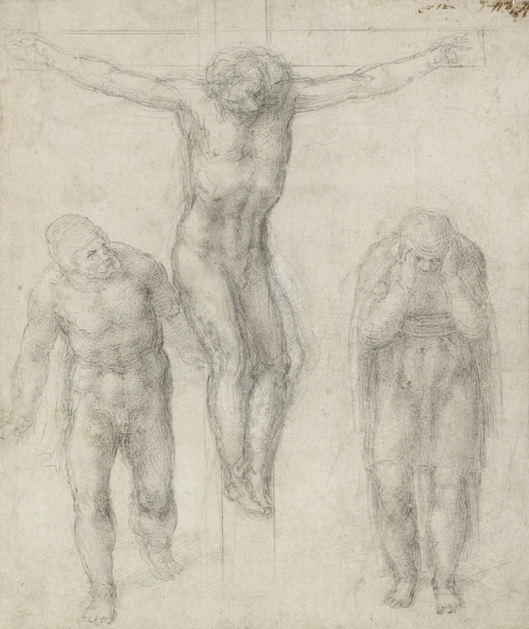 Studie af en korsfæstet Kristus og to figurer, ca.1560 (kridt på papir) af Michelangelo Buonarroti