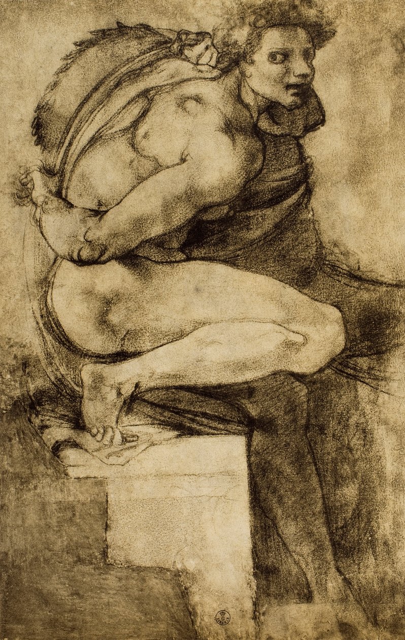 Studie af en mandlig nøgen med bøjet ben, tegning af Michelangelo. Gabinetto dei Disegni e delle Stampe, Uffizierne, Firenze af Michelangelo Buonarroti