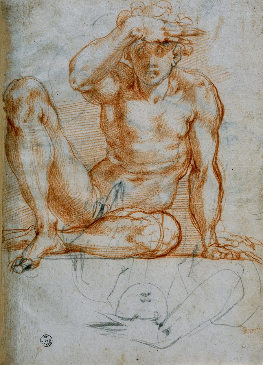 Studie af en nøgen, der laver en skygge med sin hånd (6599 F), rød blyant på papir, Michelangelo Buonarroti (1475-1564), Cabinet of Drawings and Prints, Uffizi Gallery, Firenze af Michelangelo Buonarroti