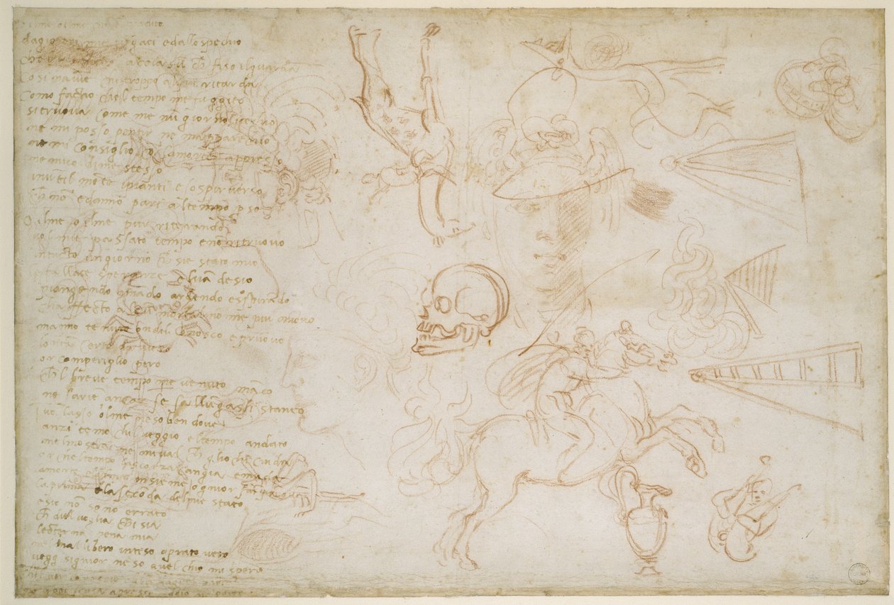 Studie af hoveder og dyr, ca. 1525 (rødt kridt og kuglepen på papir) af Michelangelo Buonarroti