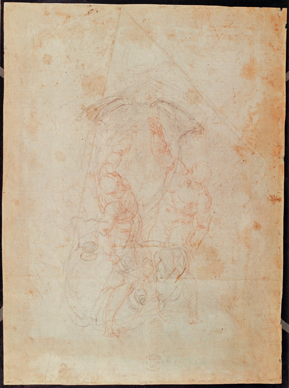 Studie af to mandsfigurer (rødt kridt på papir) (verso) af Michelangelo Buonarroti