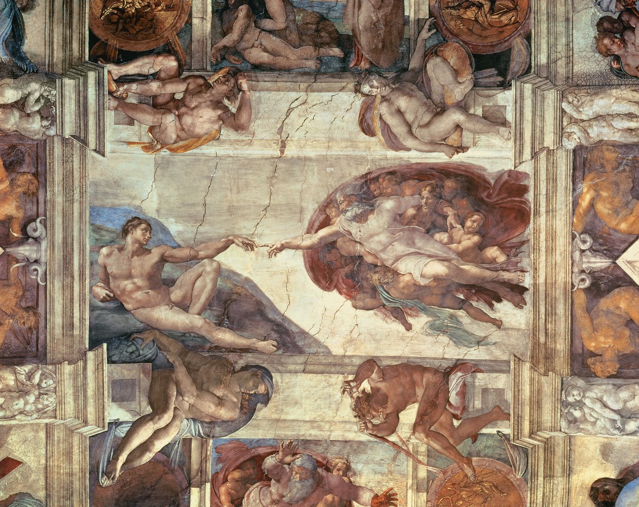 Adams skabelse, detalje fra det sixtinske loft, 1511-12 af Michelangelo Buonarroti