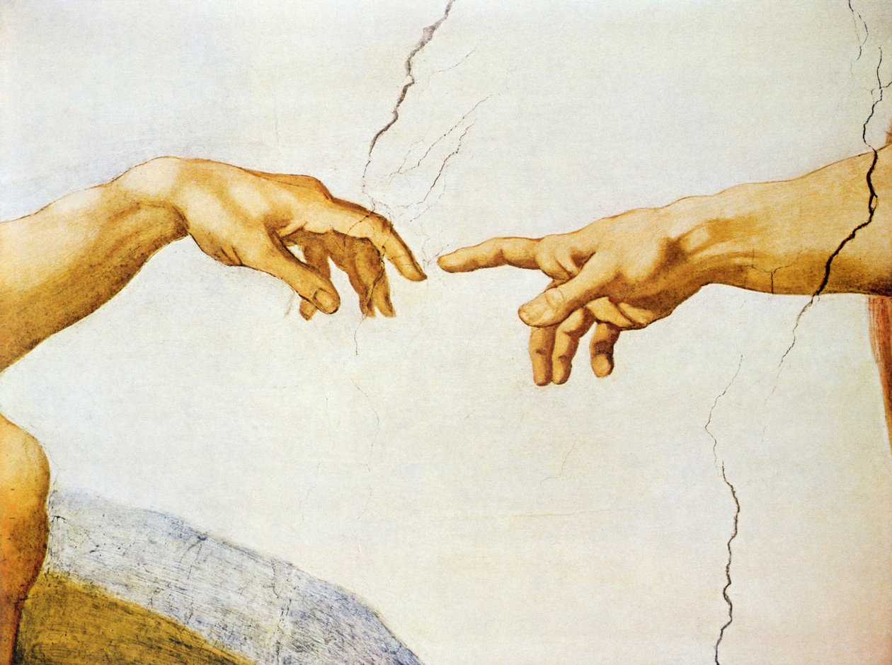 Skabelsen af Adam, fra det sixtinske loft, 1510 (detaljer) af Michelangelo Buonarroti
