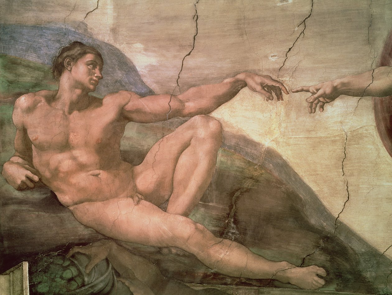 Skabelsen af Adam, fra det sixtinske loft, 1511 (før-restaurering) af Michelangelo Buonarroti